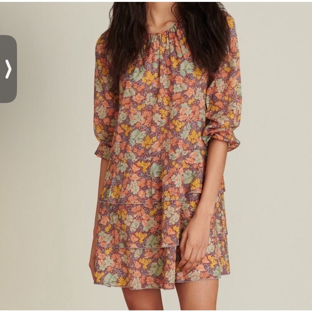 Veronica Beard Dress Women 0 Multicolor Abanu Floral Tiered Mini Long Sleeve